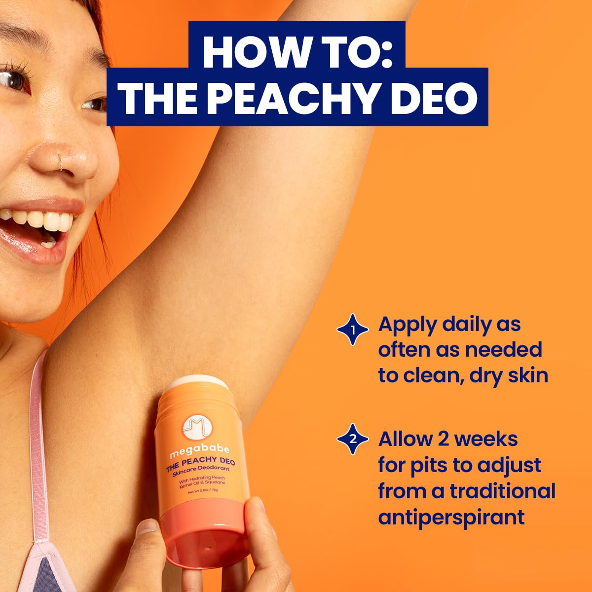 Megababe Peachy Deo packaging label close-up emphasizing clean ingredient benefits