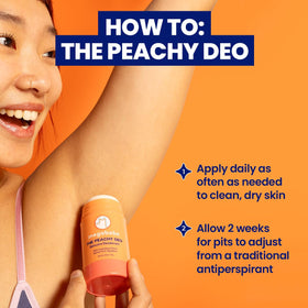 Megababe Peachy Deo packaging label close-up emphasizing clean ingredient benefits