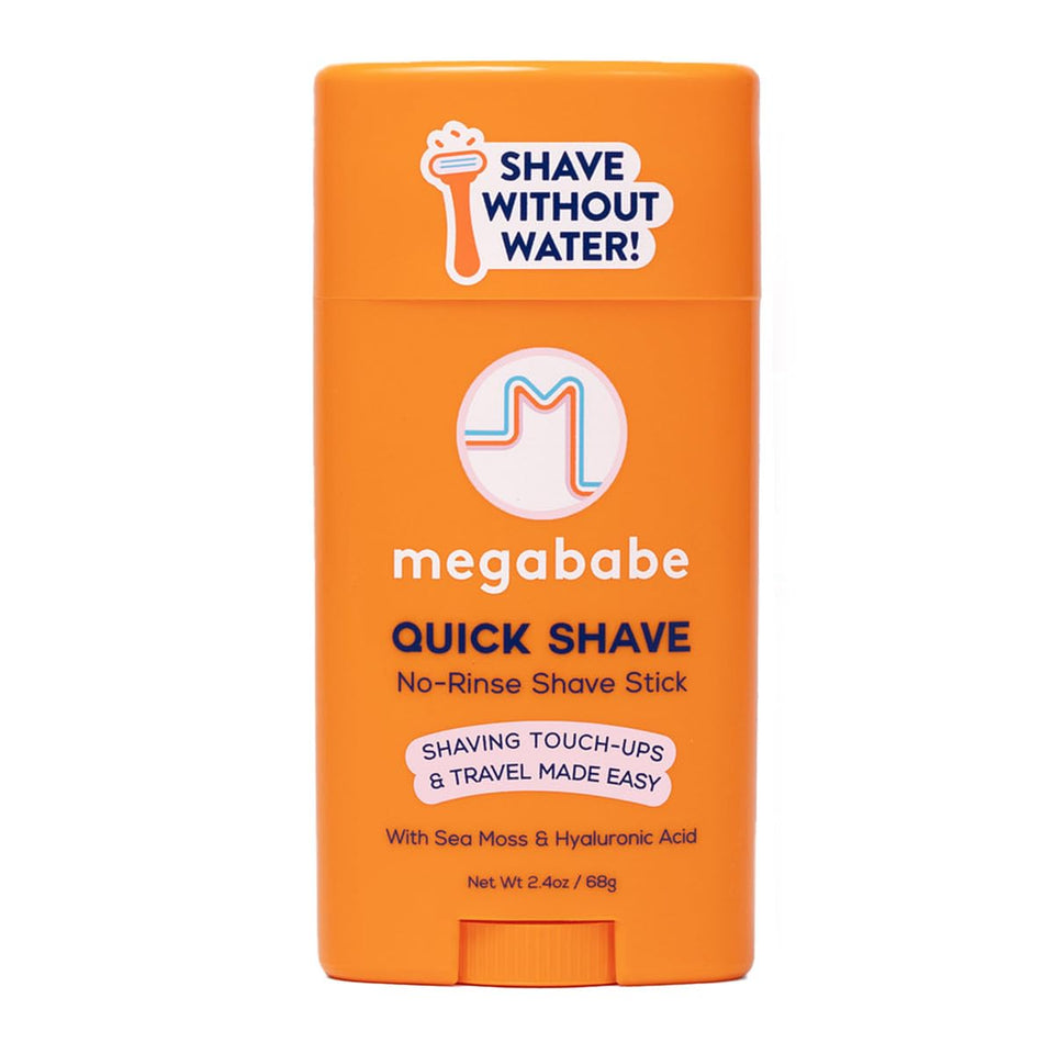 Megababe front packaging showing quick shave stick and travel convenience