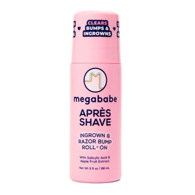 Megababe roll-on front packaging showing bottle and label, promotes easy use