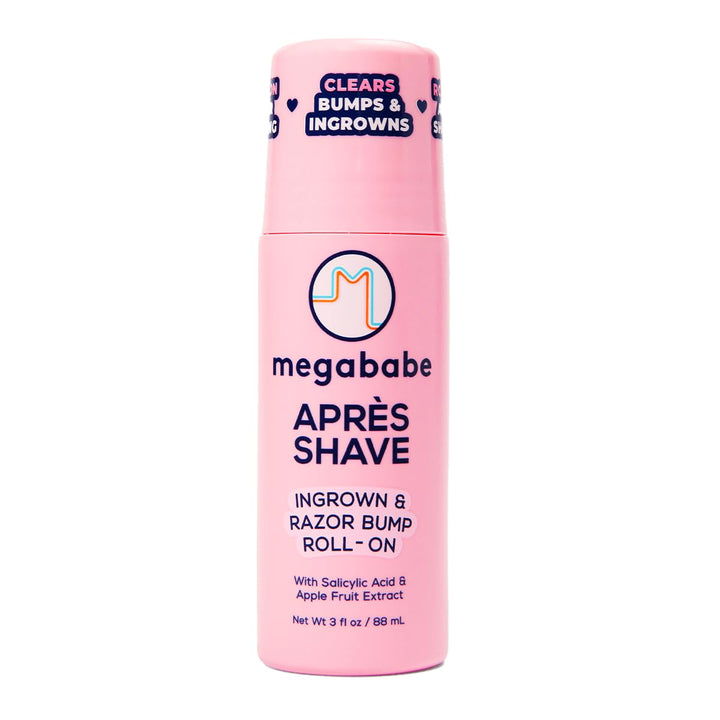 Megababe roll-on front packaging showing bottle and label, promotes easy use
