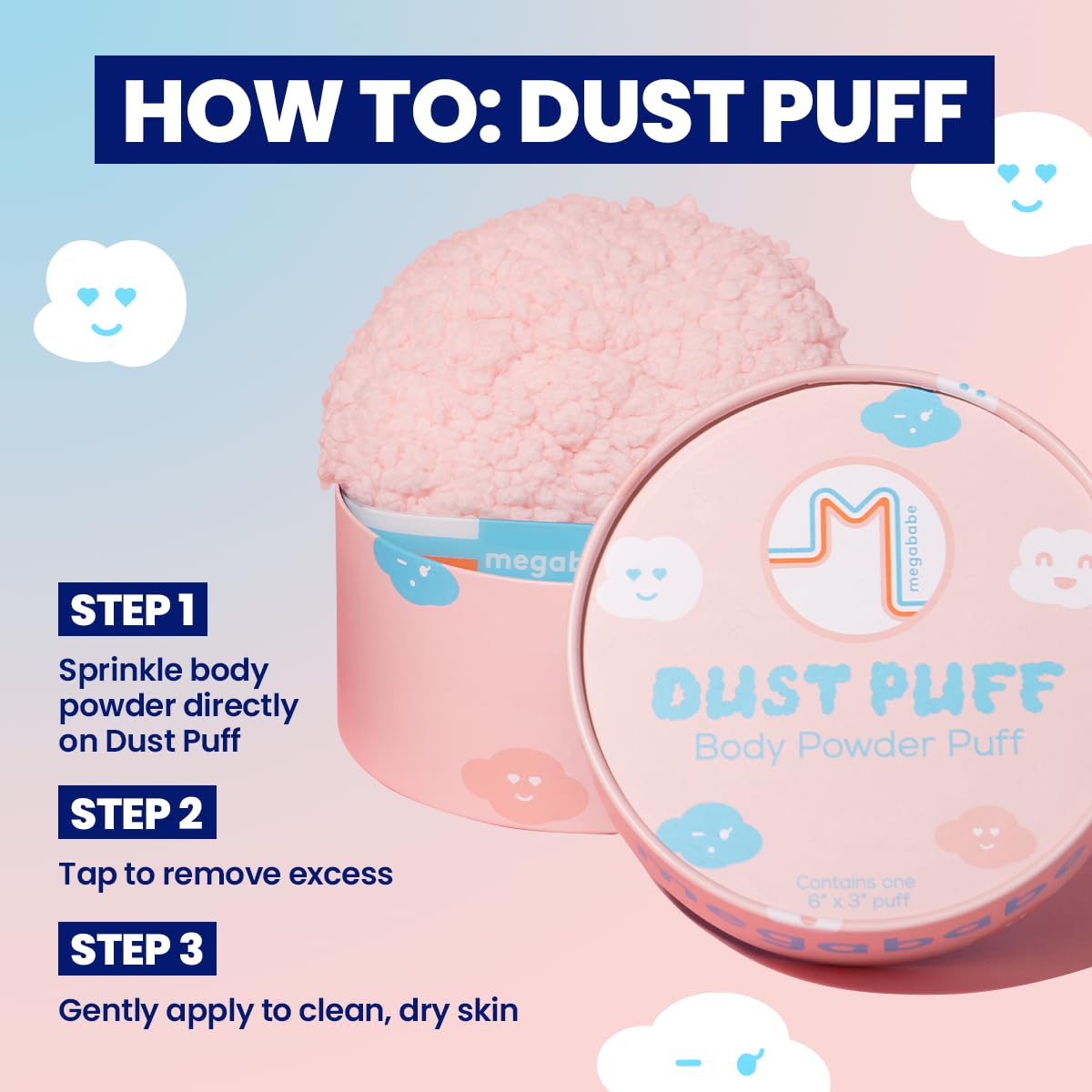 Megababe puff beside a hand to show jumbo size and time-saving benefit