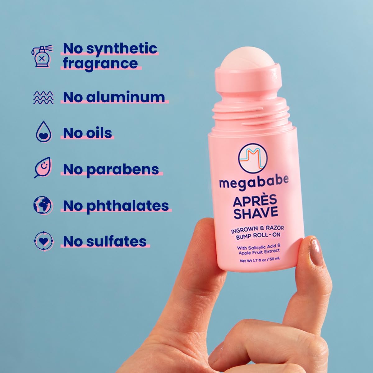 Megababe bottle next to travel items showing 1.7 oz TSA-friendly size