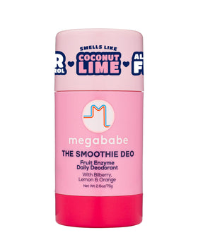 Megababe front packaging showing 2.6 oz stick and coconut scent benefits