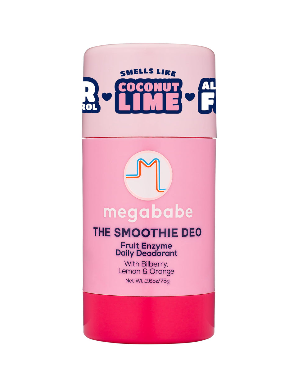 Megababe front packaging showing 2.6 oz stick and coconut scent benefits