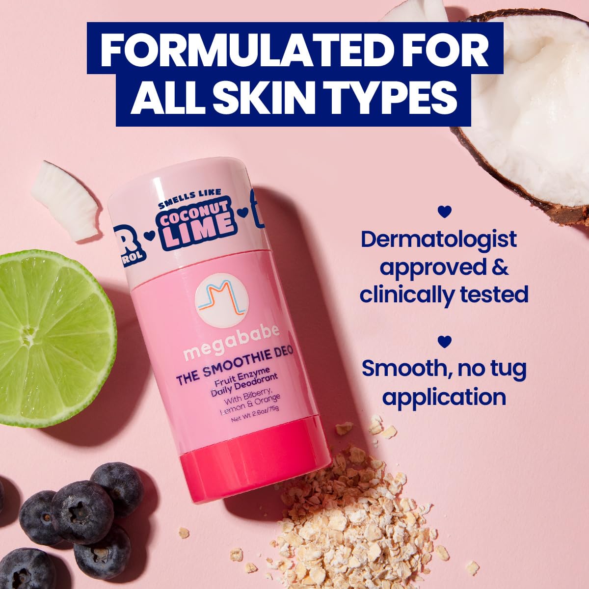 Megababe surrounded by coconut, lime, bilberry highlighting natural enzymes