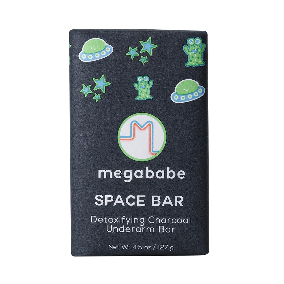 Megababe Space Bar front packaging showing product and label for clean pits