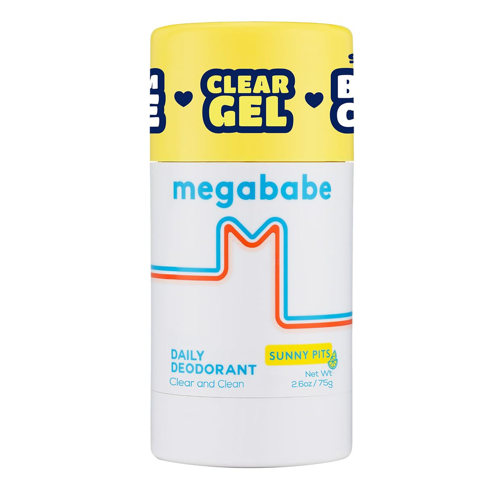 Megababe Sunny Pits front view showing clean aluminum-free stick and bright packaging benefit: clear application