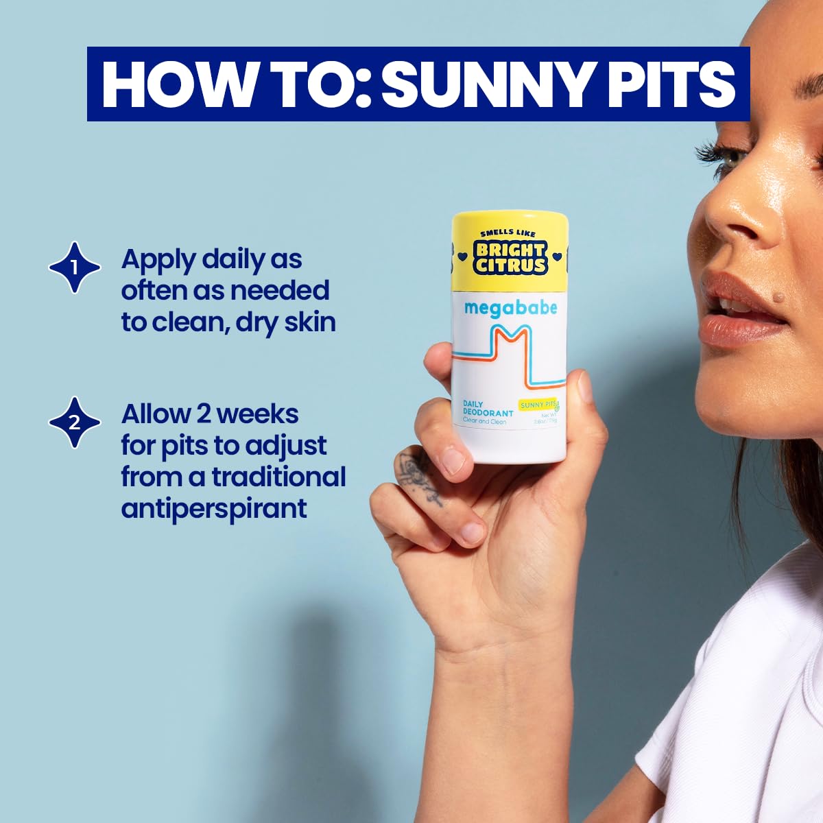 Megababe Sunny Pits label detail showing ingredient list and claims benefit: hypoallergenic formula