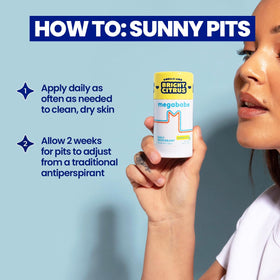 Megababe Sunny Pits label detail showing ingredient list and claims benefit: hypoallergenic formula