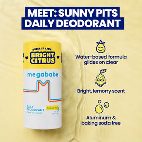 Megababe Sunny Pits with cap removed demonstrating smooth glide and easy apply benefit: no tugging
