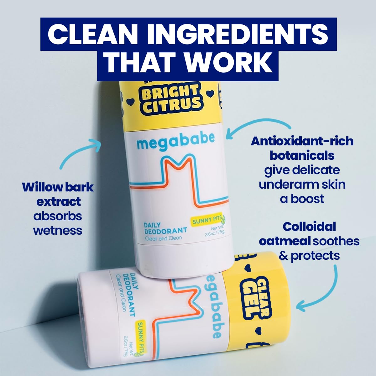 Megababe Sunny Pits texture close-up highlighting water-based formula benefit: no white residue