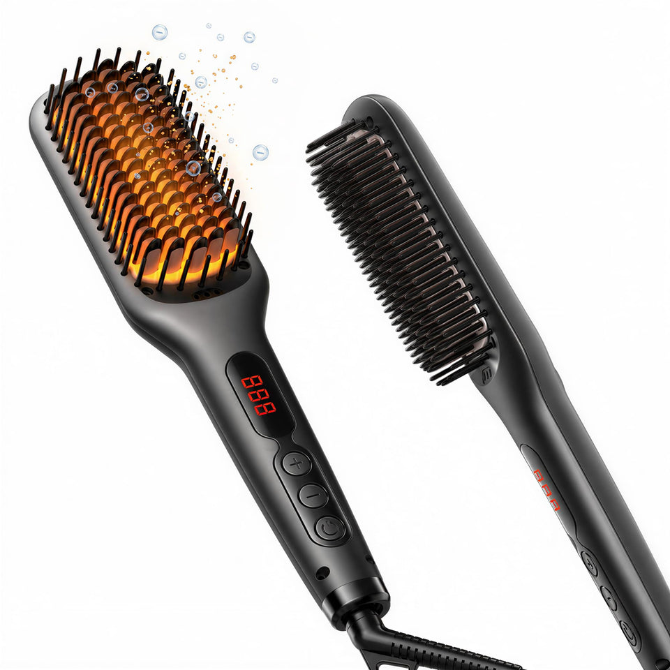 MEGAWISE front view of straightener brush showing sleek design and bristles for quick styling