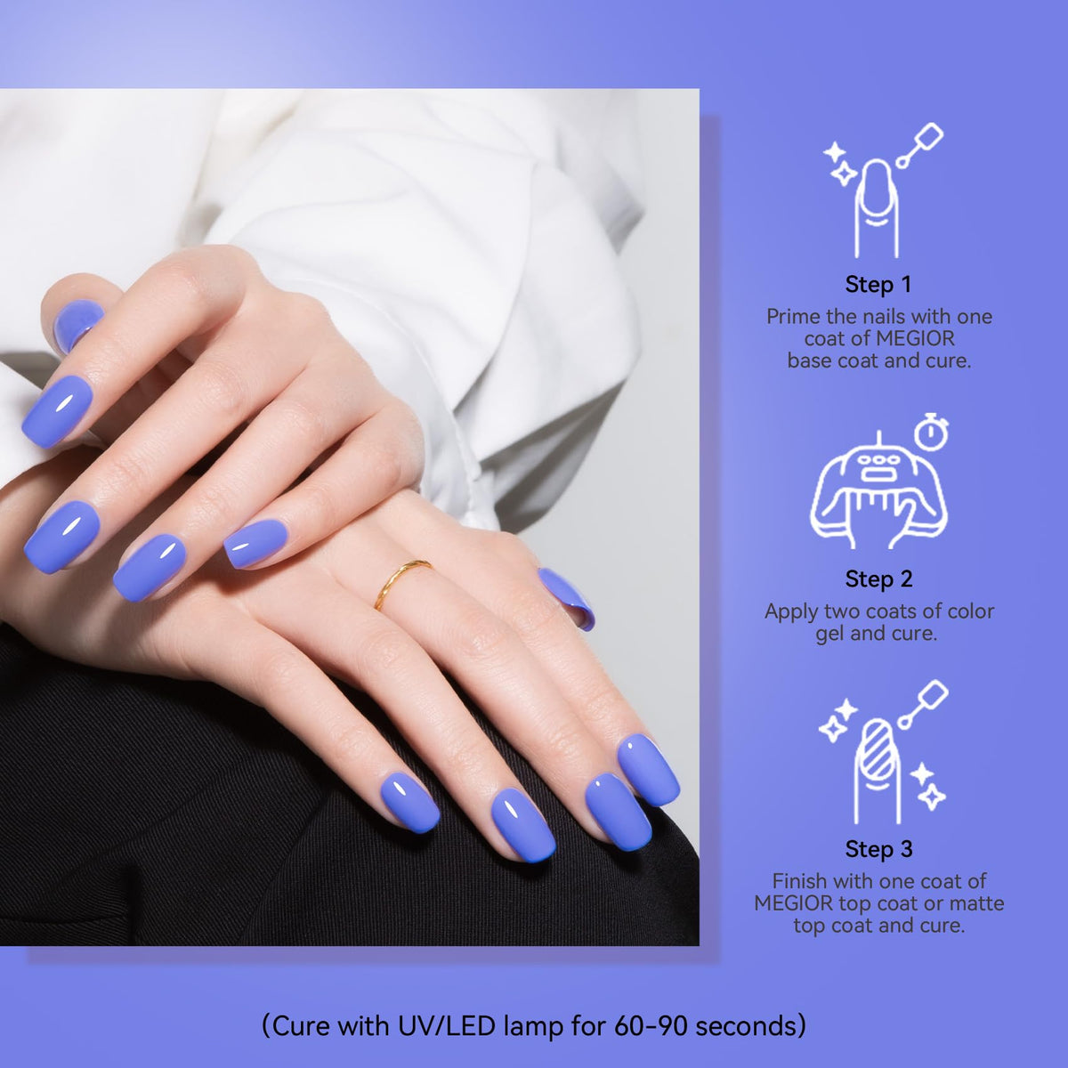 MEGIOR nail swatch on hand model showing salon-quality periwinkle sheen