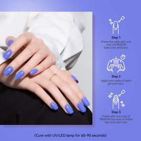 MEGIOR nail swatch on hand model showing salon-quality periwinkle sheen