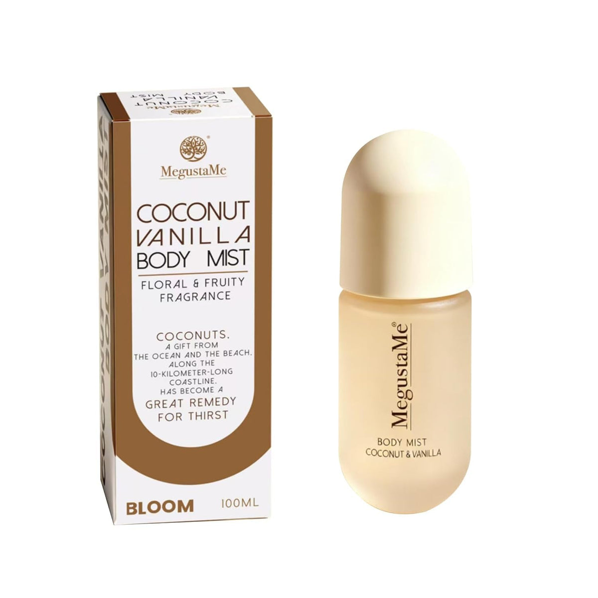 MegustaMe front bottle showing coconut vanilla fragrance and portable size