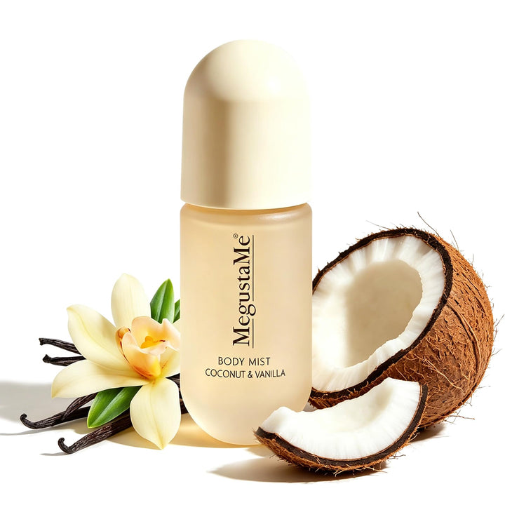MegustaMe front bottle view shows clean coconut vanilla branding and benefit