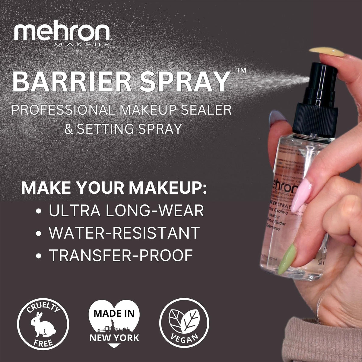 Mehron Barrier Spray on model showing long-lasting makeup finish for performers