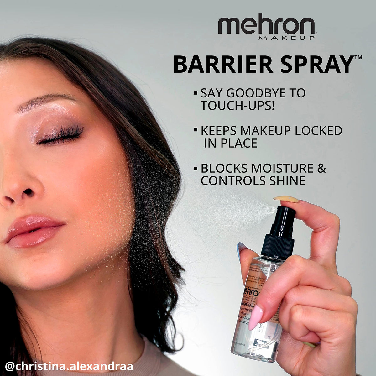 Mehron Barrier Spray mist pattern demonstrating even coverage and lightweight finish
