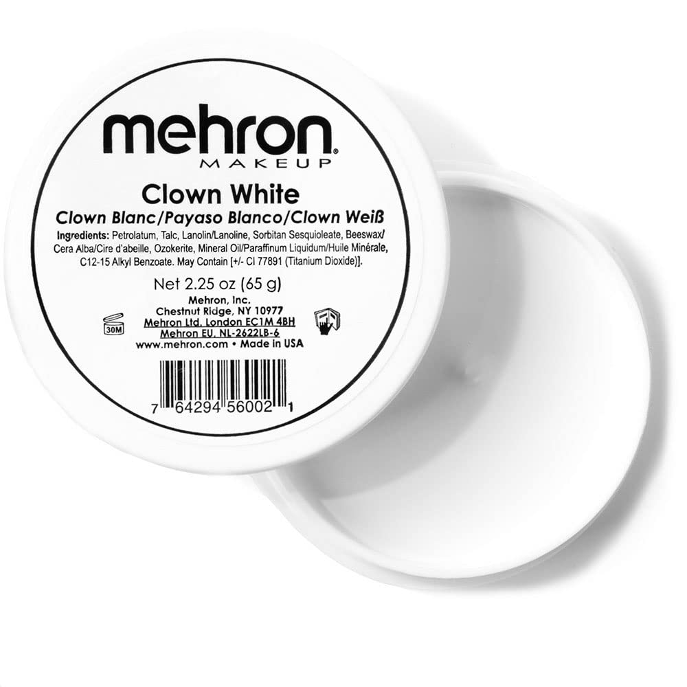 Mehron Clown White front pot showing packaging and professional finish benefit