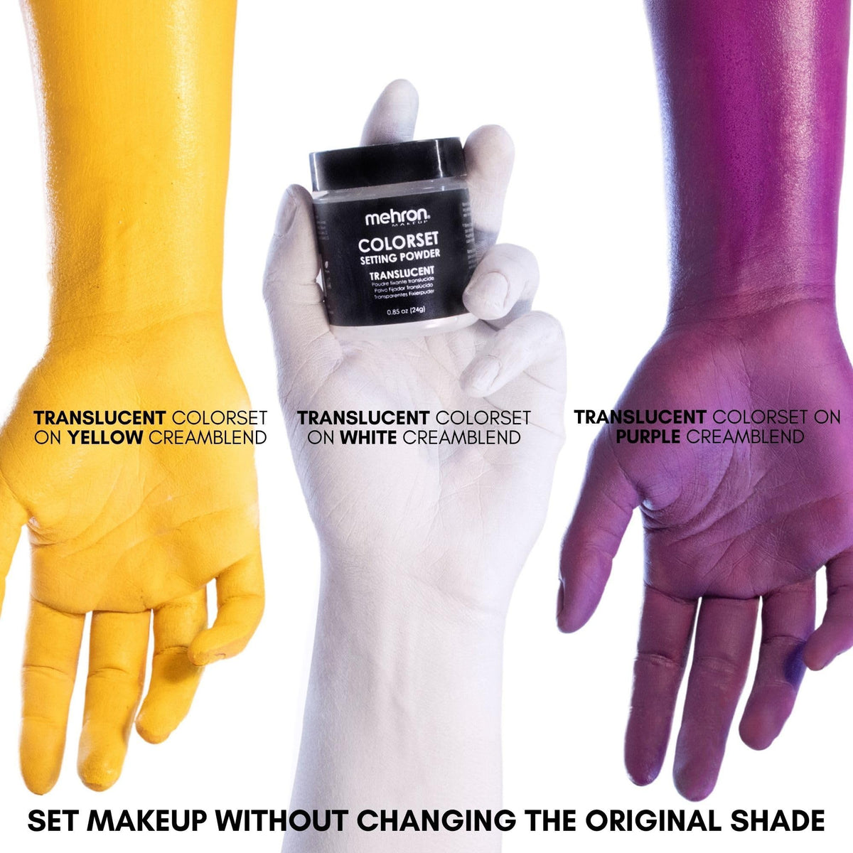 Mehron Colorset translucent compact jar in a makeup kit for portable touch-ups