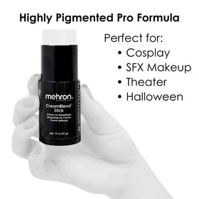 Mehron CreamBlend label and ingredients showing Vitamin E and aloe benefits for skin