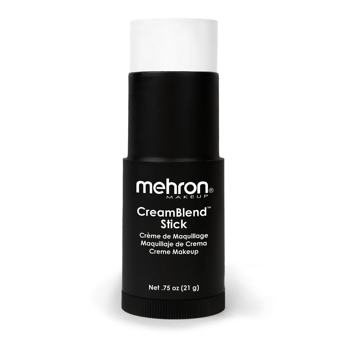 Mehron CreamBlend Stick front view showing white cream and compact design benefit portability