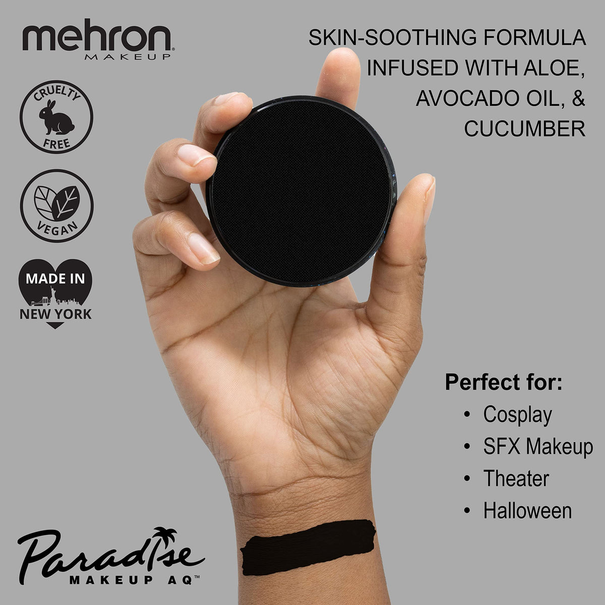Mehron Paradise black brush stroke detail demonstrating precise line work and control benefit