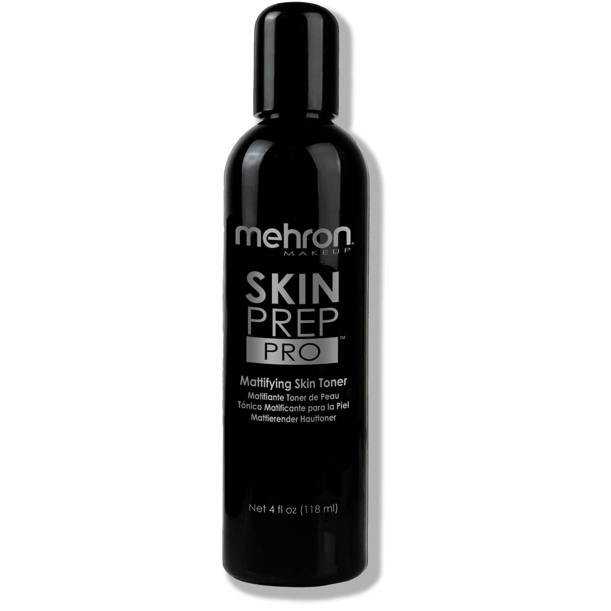 Mehron bottle front packaging showing brand and matte toner benefit