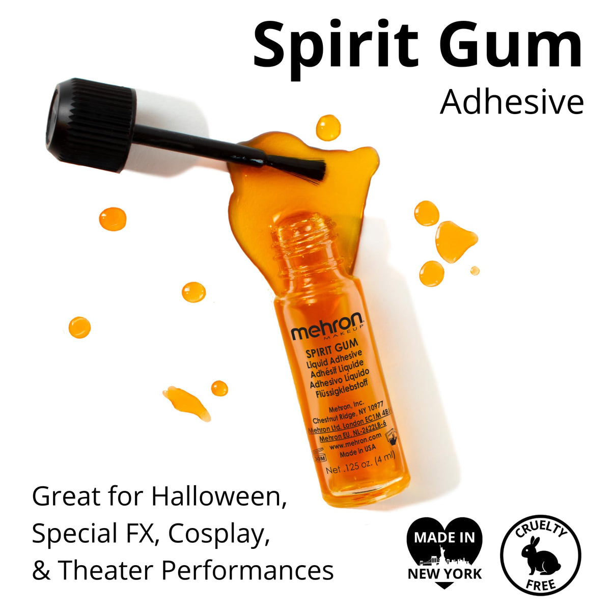 Mehron Spirit Gum Remover label detail showing gentle removal and skin care
