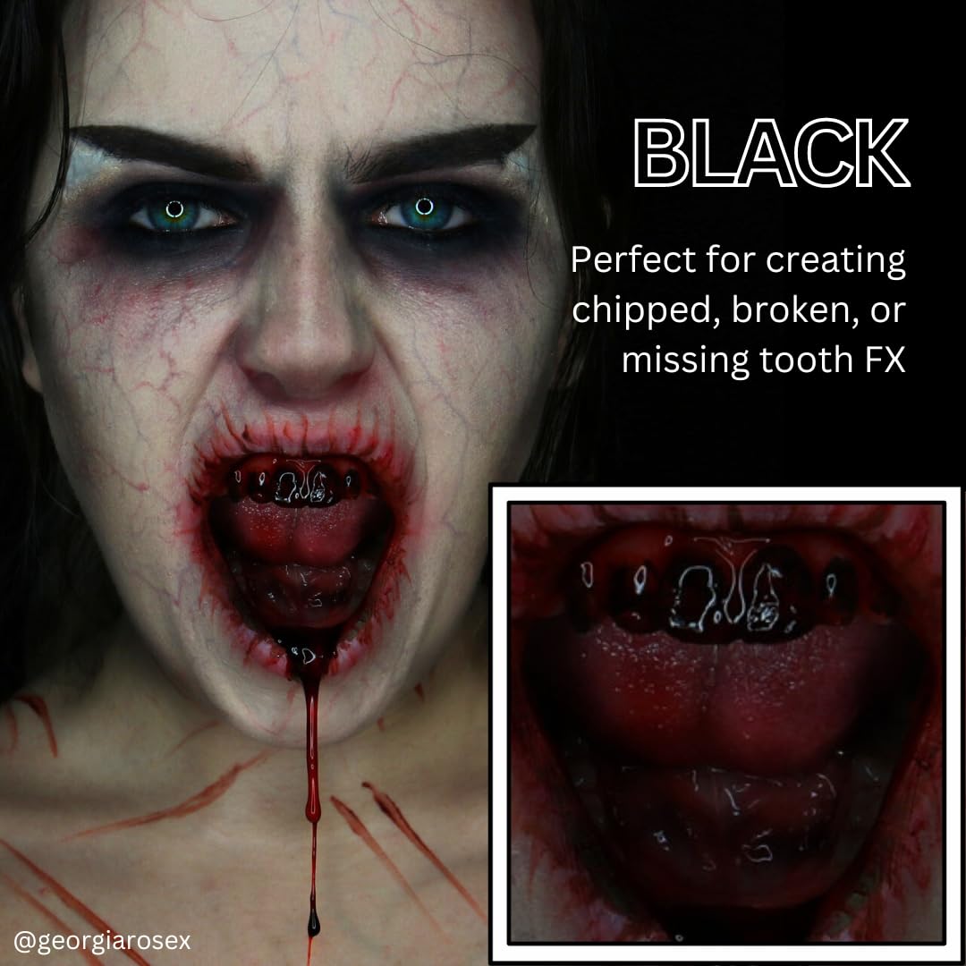 Mehron Tooth FX Black painted tooth close-up demonstrating realistic decay effect