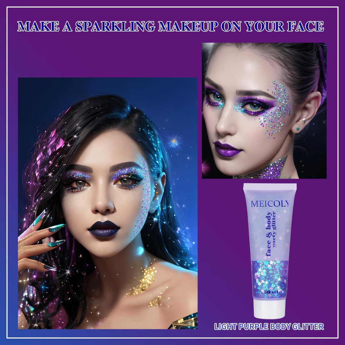 MEICOLY glitter applied on cheek for bold festival sparkle and long wear