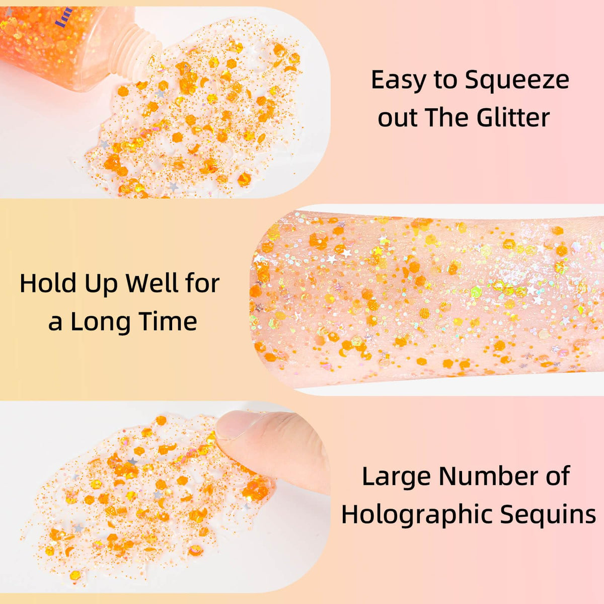 MEICOLY applied on cheek highlighting glitter gel for high-impact festival makeup