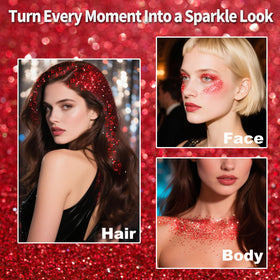 MEICOLY applying red glitter on hair strands for instant patriotic streaks
