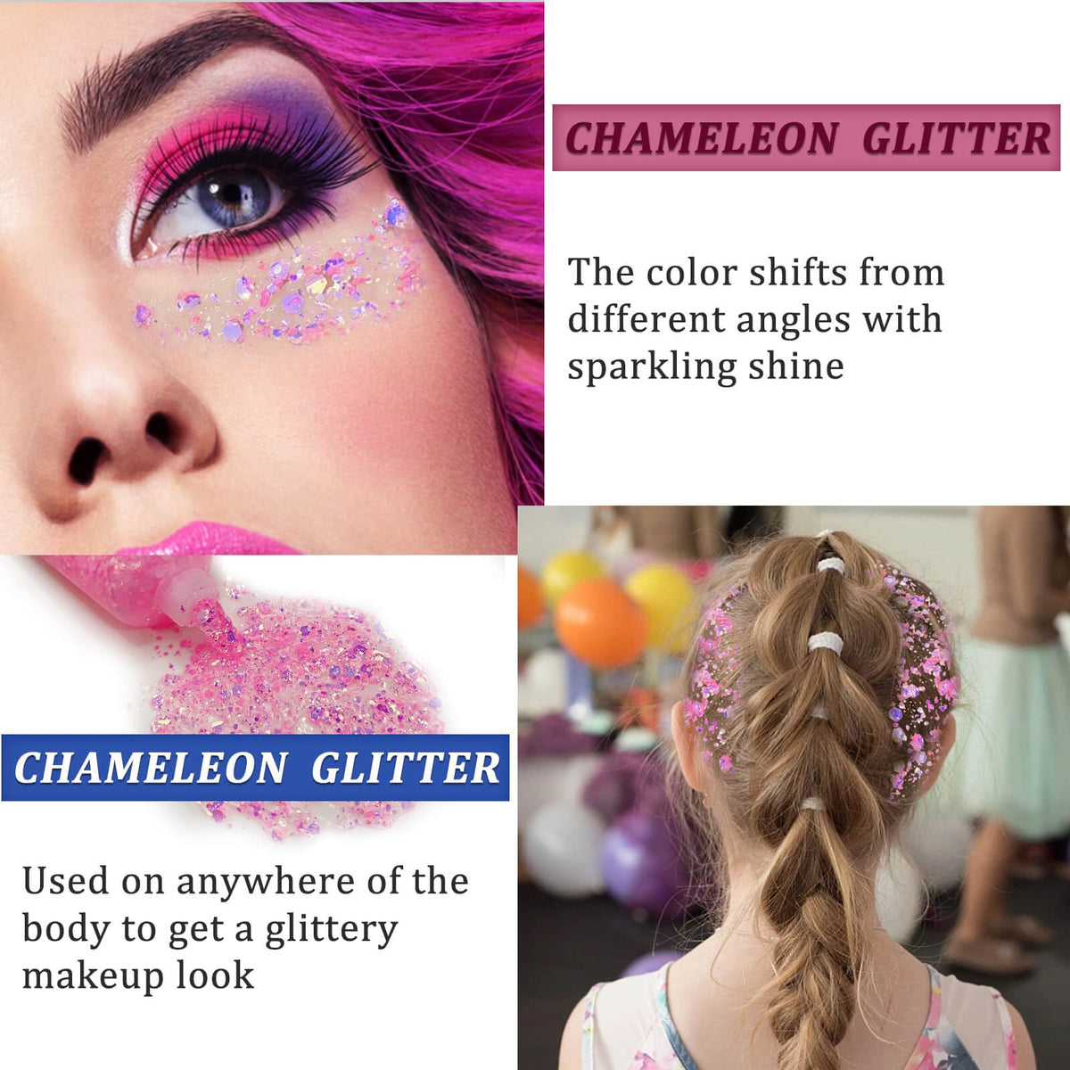MEICOLY applied on cheek and eye showing secure, long-wear sparkle