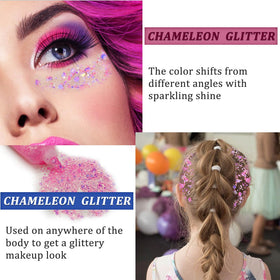 MEICOLY applied on cheek and eye showing secure, long-wear sparkle