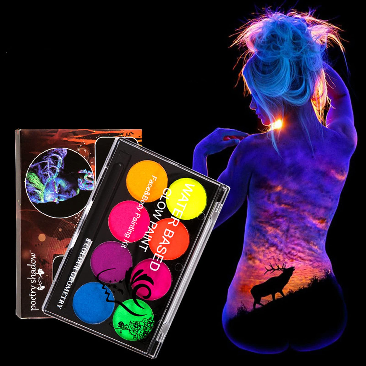 MEICOLY festival body art on model illustrating bold neon designs for events