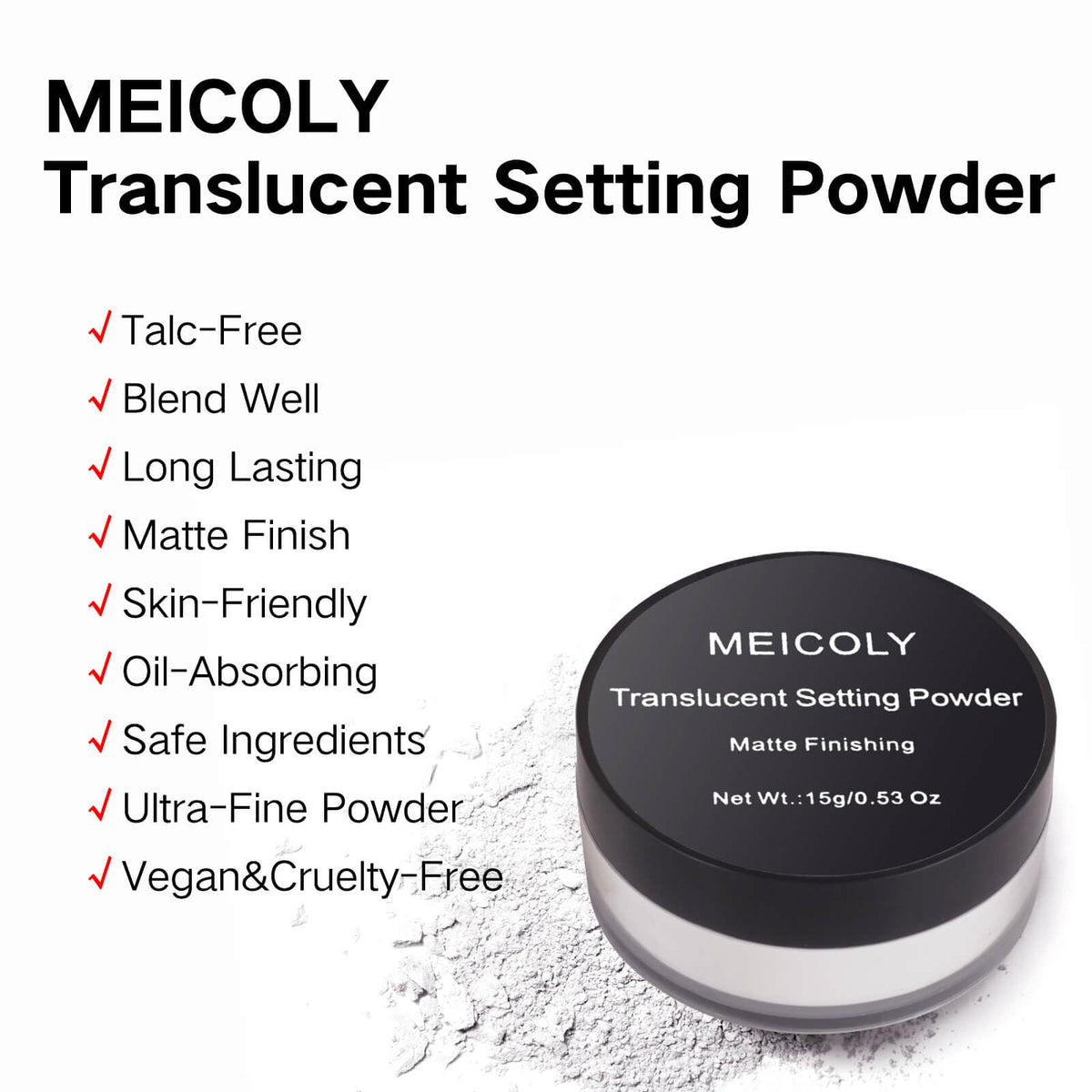 MEICOLY label detail highlighting talc-free vegan formula and skin-friendly benefit