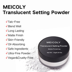 MEICOLY label detail highlighting talc-free vegan formula and skin-friendly benefit