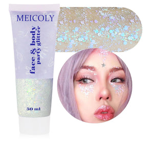 MEICOLY tube front view showing compact self-adhesive glitter gel