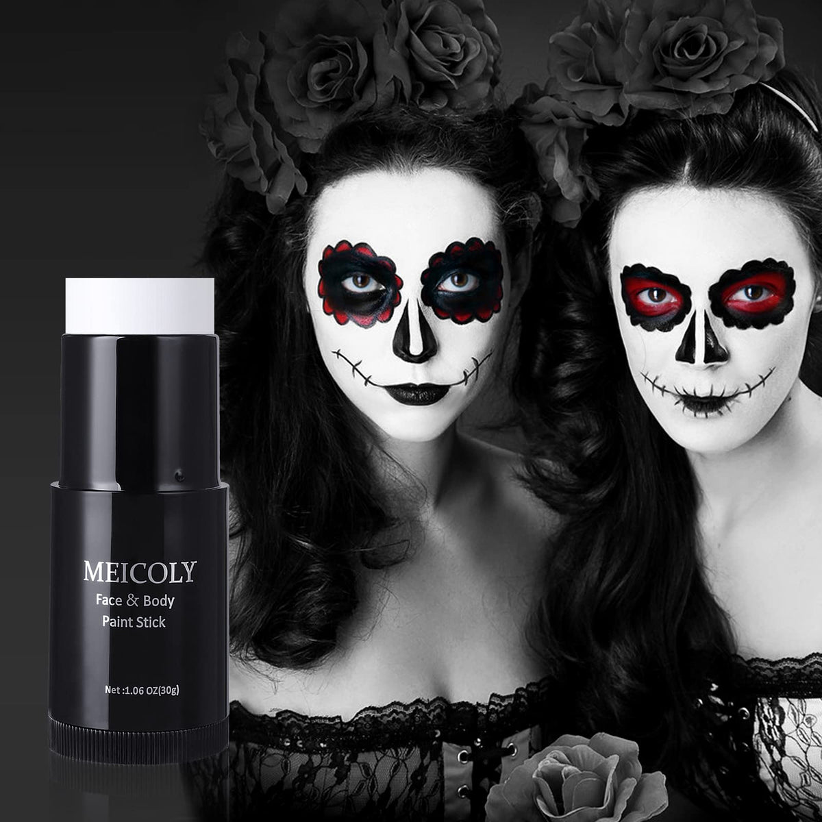 MEICOLY applied full clown face showing bright white base for dramatic looks