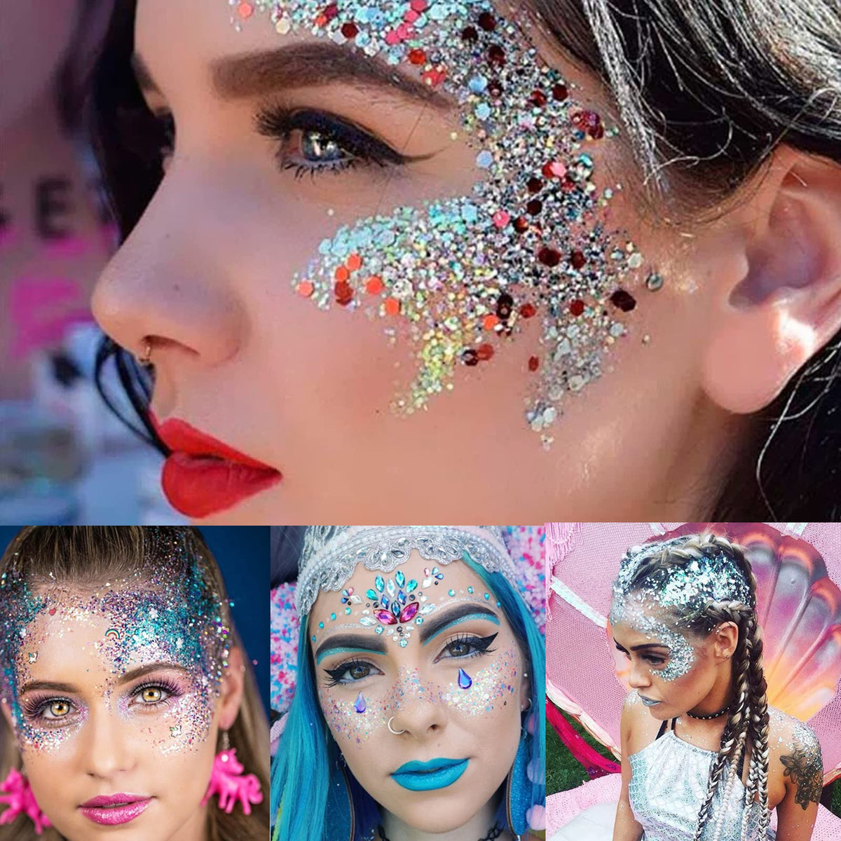 MEICOLY glitter on collarbone and shoulder creating luminous party highlight