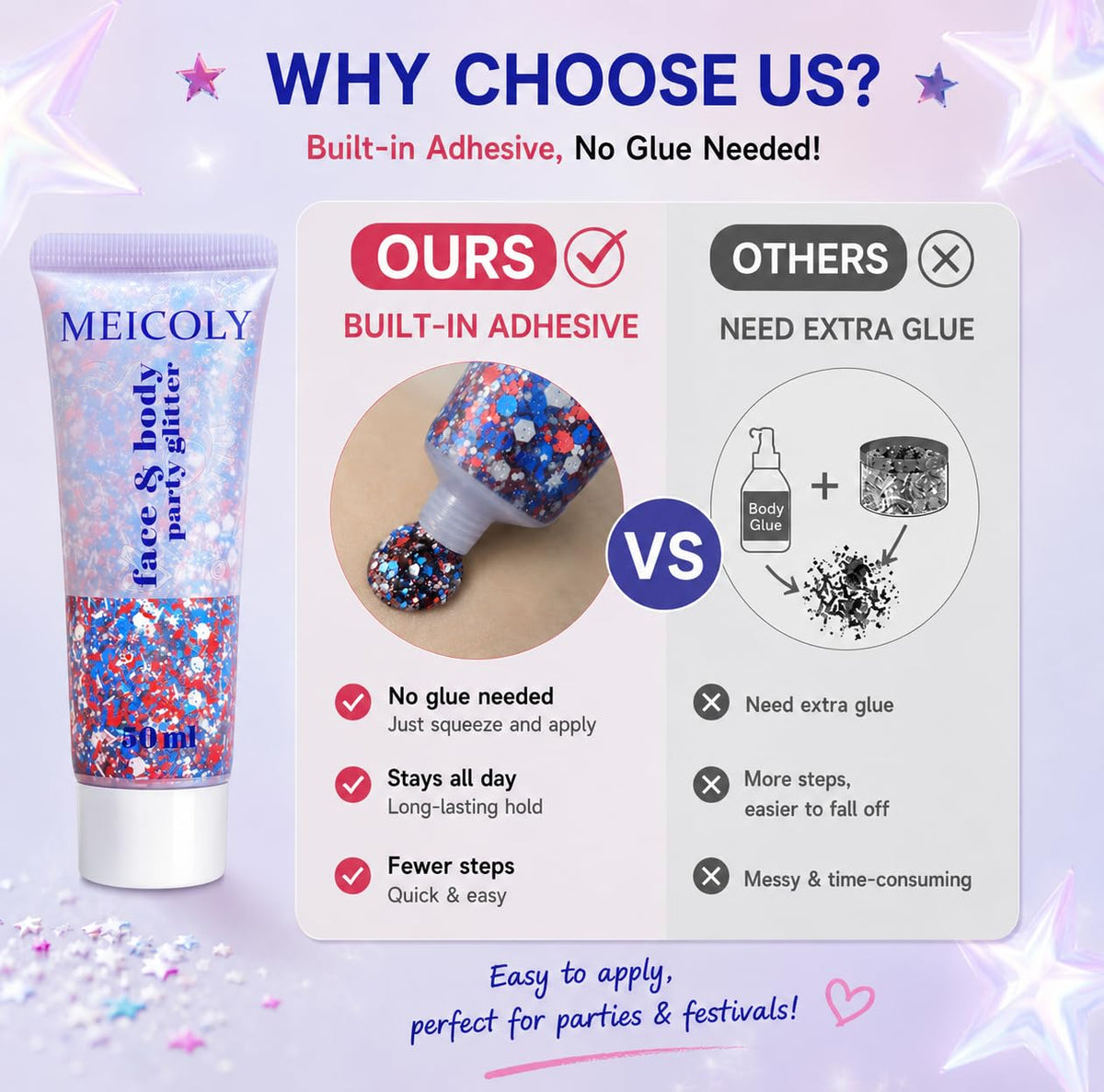 MEICOLY glitter on collarbones and cheeks for festival-ready shine