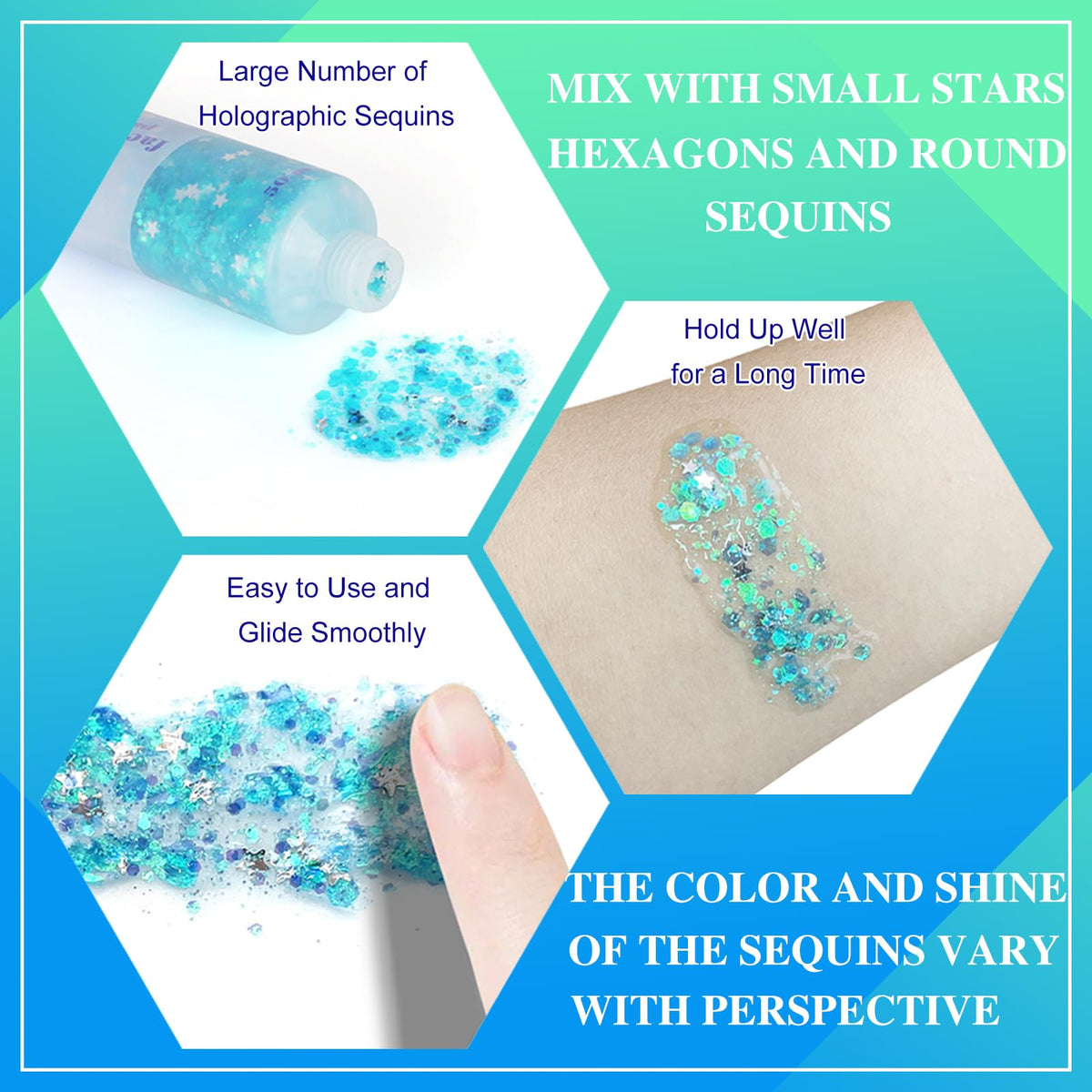 MEICOLY face and eye detail mermaid look highlighting shimmering festival-ready finish