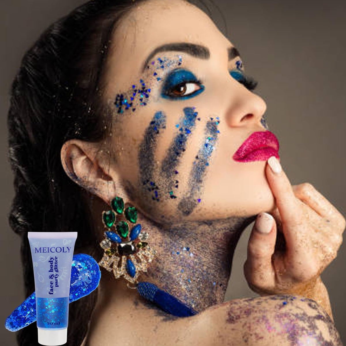 MEICOLY blue glitter applied to eyebrow for patriotic Fourth of July face accent