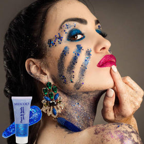 MEICOLY blue glitter applied to eyebrow for patriotic Fourth of July face accent