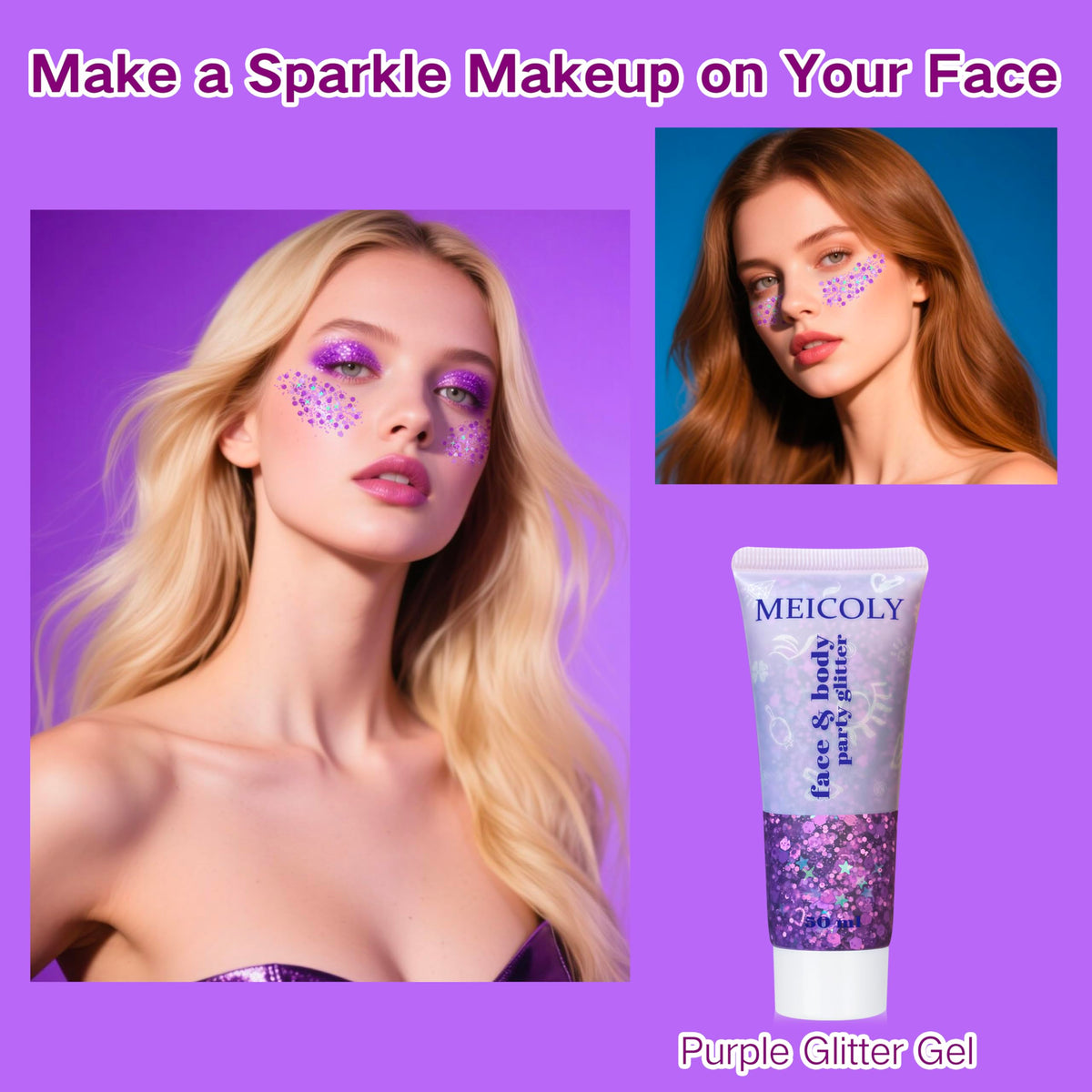 MEICOLY model at festival wearing glitter for bold stage-visible radiance