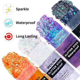 MEICOLY glitter on model at festival conveying bold sparkle and long-lasting glam