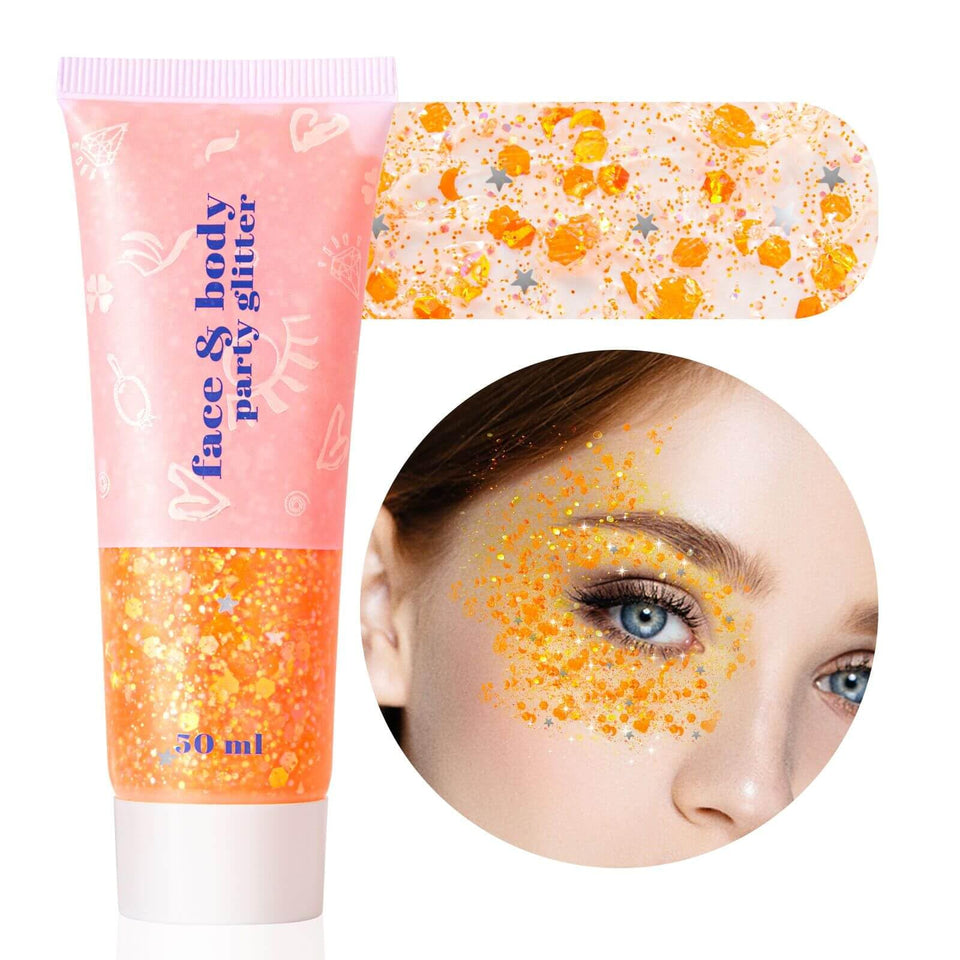 MEICOLY front jar showing orange glitter gel and bold packaging, easy party application