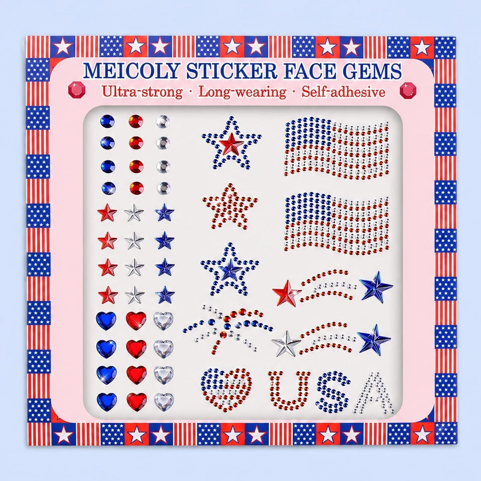 MEICOLY front packaging showing patriotic red white blue gems and stars for easy selection